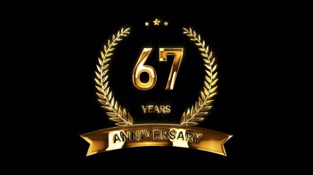 67th Anniversary Celebration. Happy 67 Years Anniversary Animation in Gold Color on the Transparent Background, Alpha Channel. Great for greetings, celebrations, events, and gifts.