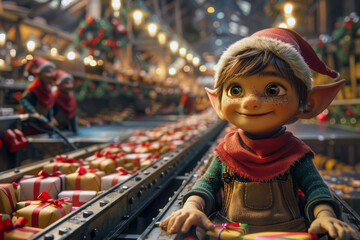 Energetic elves work diligently on conveyor belts in factory of Santa, crafting and packing festive gifts. Christmas and winter holiday concept