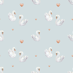 Watercolor seamless pattern with couple of cute swans in love. Hand painted illustration isolated on light blue background. For textile of white pastel colors bird and red hearts.