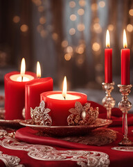 romantic candlescape, red roses and candles, dark wood texture, candlelit flowers, spiritual ambiance, warm candle glow, ceremonial decor, love and passion, red roses petals, candlelight romance, 