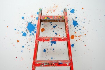 A vibrant red ladder against a white wall splattered with blue and orange paint, perfect for creative DIY and home improvement projects.