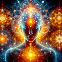 Fototapeta premium A woman with a face surrounded by colorful and abstract shapes