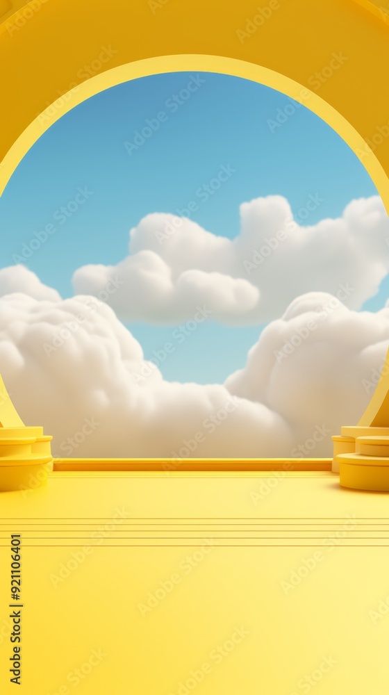 Poster yellow archway with sky and clouds viewed from inside, circular platform with steps.