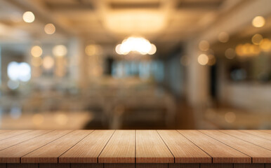 Empty wooden table top with lights bokeh on blur restaurant background.