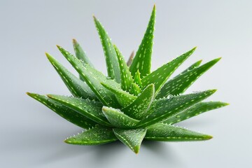Fototapeta premium A complete aloe vera plant with 3-5 large leaves with fresh water droplets