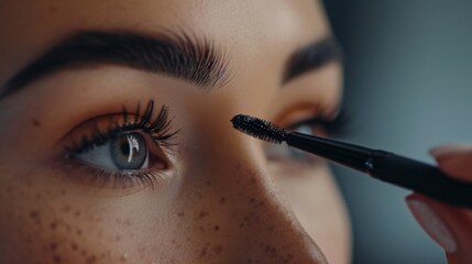 Woman applying mascara, emphasizing her long