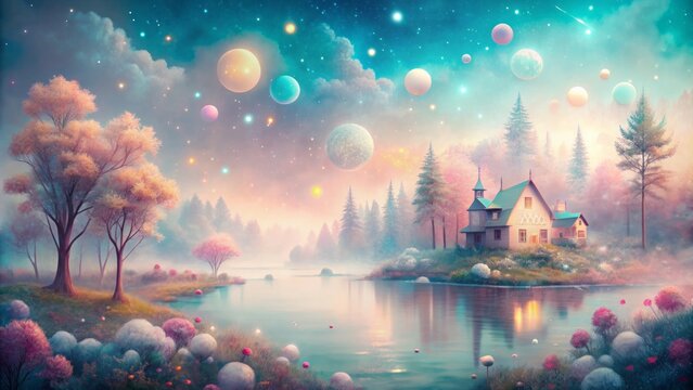 Ethereal pastel hues and whimsical textures blend in a soft focus dreamscape, evoking a sense of nostalgia and wonder in a surreal, mystical atmosphere.