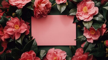Pink sheet of paper centered on the screen surrounded by pink camelias
