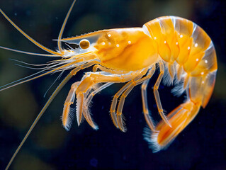 A small orange shrimp is swimming in a dark blue tank. The shrimp is the only thing visible in the image