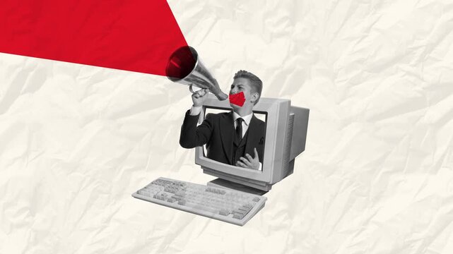 Stop motion, animation. Man with sealed mouth shouting in megaphone sticking out computer monitor. Propaganda. Concept of creativity, mass media influence, information, fake news.