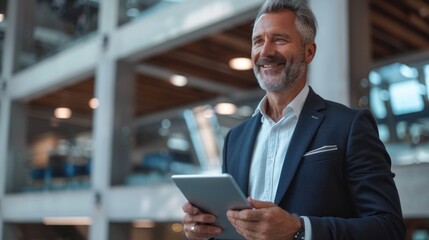 Fototapeta premium A man in a suit holding a tablet in his hand