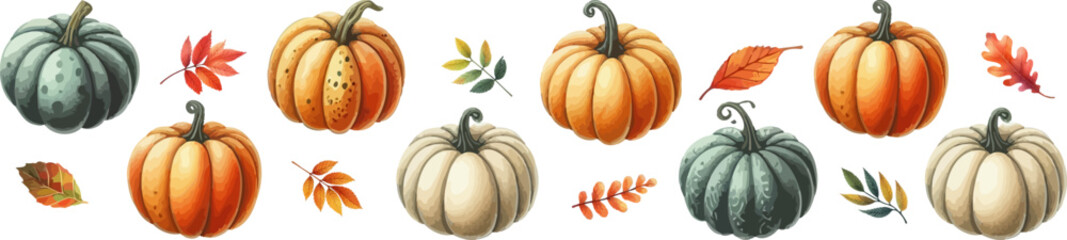  Autumn Thanksgiving border with turkey ,pumpkins,leaves. Wave of falling leaves and autumn decorations. Leaf fall. Autumn flying leaves.  Autumn Thanksgiving seamless border.