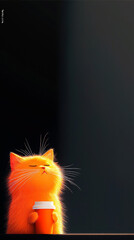 Whimsical Black Cat with Wide Eyes and a Coffee Mug in a Minimalist Scene