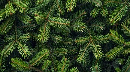 This closeup image showcases vibrant green pine branches with needlelike leaves, highlighting rich textures and intricate designs, ideal for nature enthusiasts and outdoor lovers