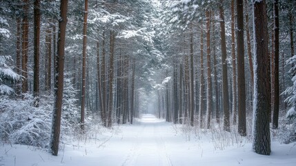 Path through snow-dusted pine forest, winter serenity and calm