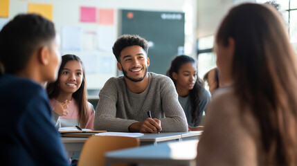 Fototapeta premium Group of Teenagers Engaged in Classroom Discussion During Lesson