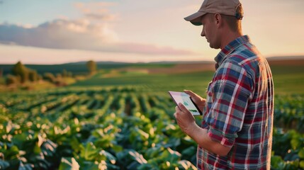 Fototapeta premium Farmer Uses Technology to Monitor Crops