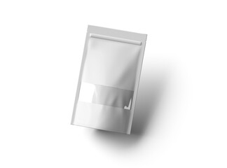 Render of a long glossy doypack with the window hole on a transparent background