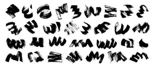 Curly abstract shapes in doodle grunge style. Colorful wavy bold lines with dirty rough texture. Vector geometric, chaotic design elements. Brush strokes, lines. Graffitti forms.