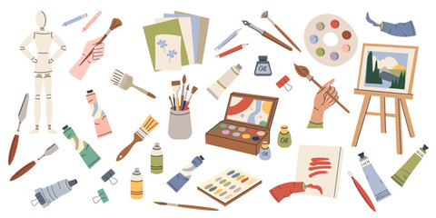 Art supplies, tools set. Paints palettes, brushes, pencil kit, pen, sketchbook, easel and canvas. Trendy modern vector illustration isolated on white, hand drawn, flat design.