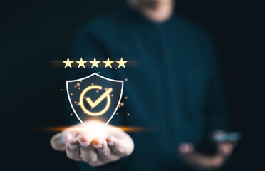 Businessman showing standard quality control certification assurance guarantee for automation...