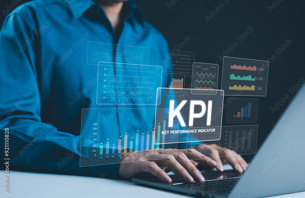 Poster kpi, key performance indicators analysis. businessman using digital screen to analyze key performanc