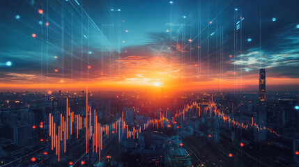 Fototapeta premium Smart digital city with connection network that is at the cutting edge of innovation in technology and business with bright, modern skyscrapers. Backgrounds for technology and charts and graphs