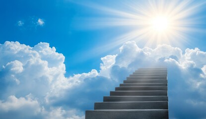 Stairs leading to the sky with clouds and rays of light
