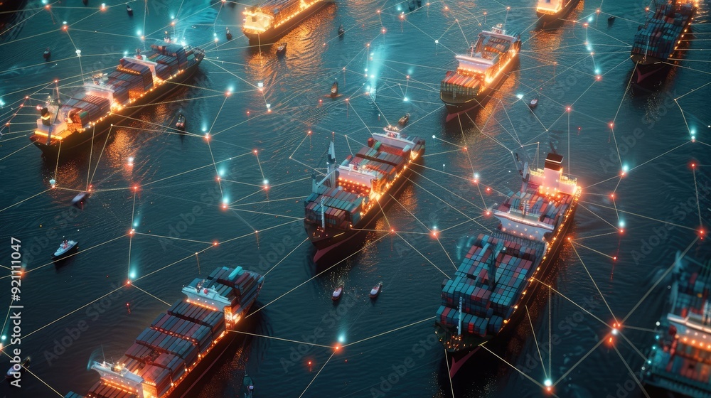 Poster aerial view of cargo ships navigating a complex network of global trade routes with digital lines co