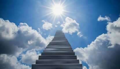 Stairs leading to the sky with clouds and rays of light