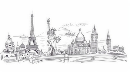 Obraz premium line drawing of famous world landmarks
