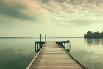 Naklejka premium A serene wooden dock extending into calm waters under a cloudy sky.