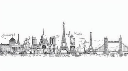 Fototapeta premium line drawing of famous world landmarks