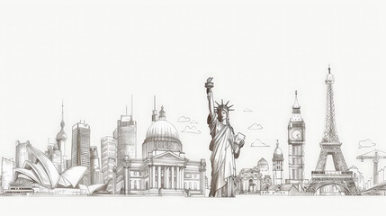 Fototapeta premium line drawing of famous world landmarks