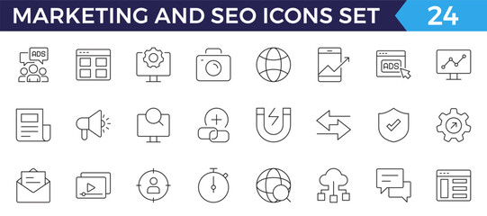 Marketing and Seo line web icons Digital marketing. Containing seo, content, website, social media. Editable stroke.