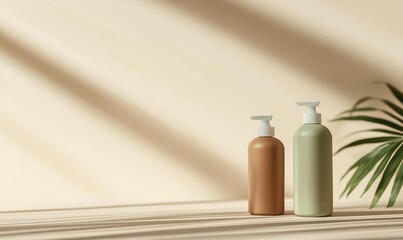 Minimalist Beige and Green Bottles with Palm Leaf Shadow