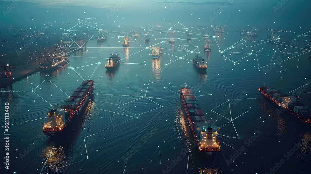 Poster aerial view of cargo ships navigating a complex network of global trade routes with digital lines co