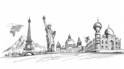 line drawing of famous world landmarks