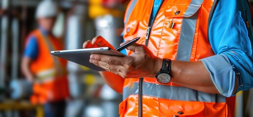 Construction worker using tablet, close up. Industrial setting, focus on hands and tablet. Safety vest, safety gear, industrial technology, digital work.