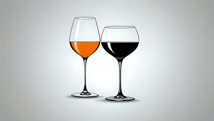 Two wine glasses, one with orange liquid and the other with red liquid, against a light gray background.