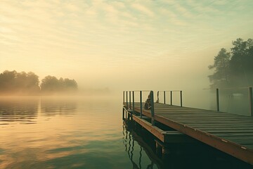 A serene lakeside view at dawn, featuring a foggy atmosphere and a wooden pier.