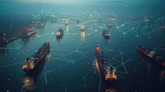 Aerial view of cargo ships navigating a complex network of global trade routes with digital lines connecting major ports, [cargo industry], [global trade network visualization]