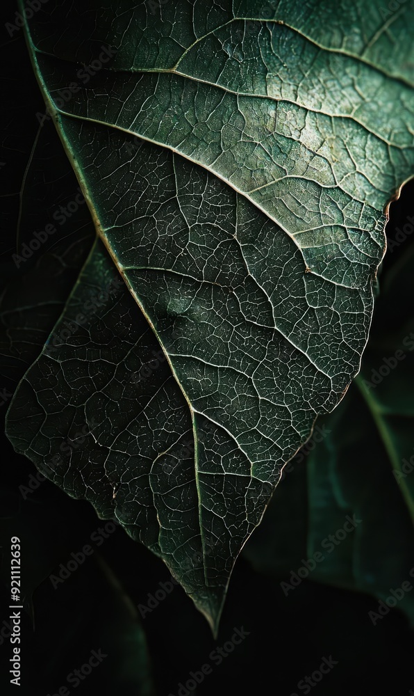 Poster macro close-up of green leaf with intricate vein patterns