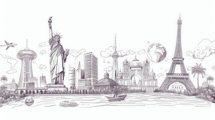 Fototapeta premium line drawing of famous world landmarks
