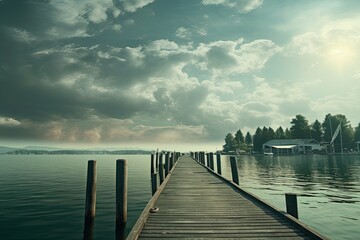 Obraz premium A serene wooden pier extends into a calm lake under a dramatic sky.