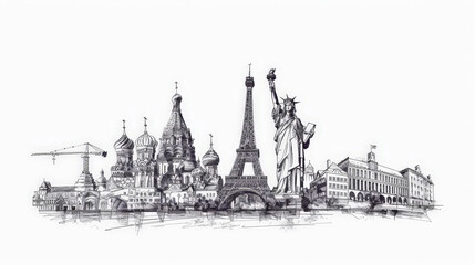 Fototapeta premium line drawing of famous world landmarks