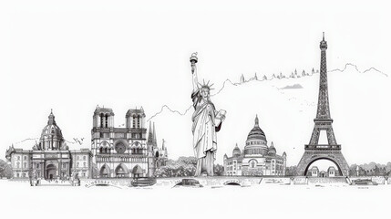 Obraz premium line drawing of famous world landmarks
