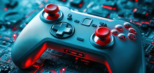 A modern gaming controller with illuminated buttons on a futuristic circuit board background, ideal for technology and gaming themes.