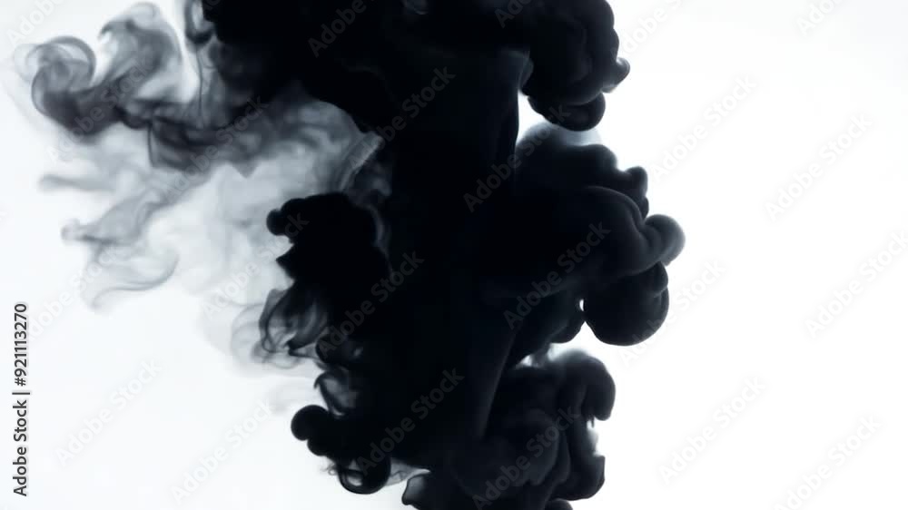 Poster black ink is creating mesmerizing patterns while dissolving in a clear liquid, resembling a dance of