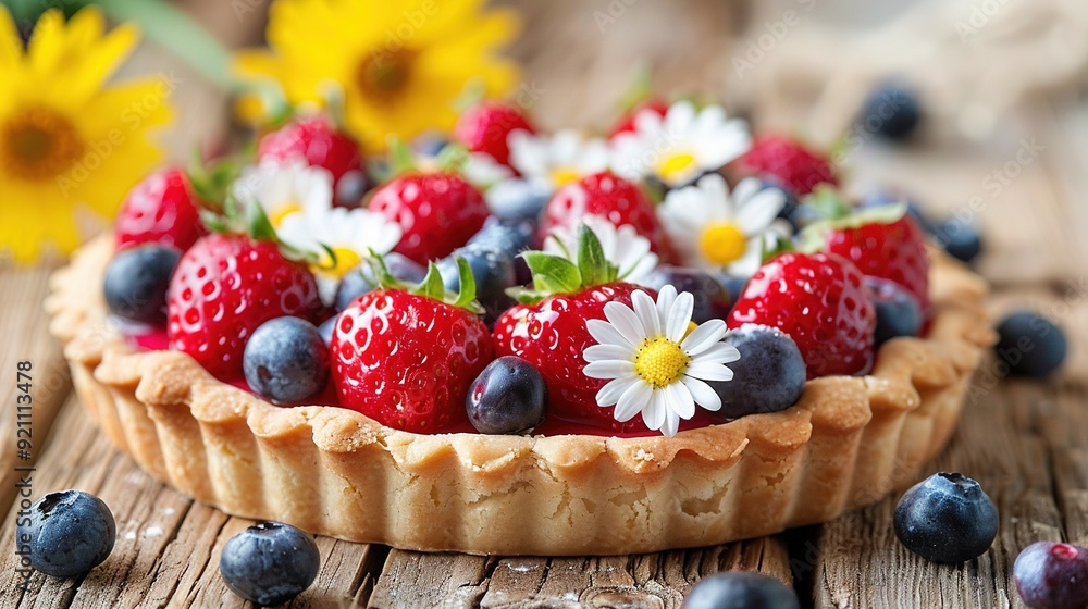 Sticker   A pie with strawberries, blueberries, and daisies on a wooden table with sunflowers and daisies